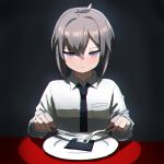  1girl ahoge bangs black_neckwear chromatic_aberration collared_shirt expressionless floppy_disk fork gameplay_mechanics girls_frontline grey_hair hair_between_eyes highres holding holding_fork holding_knife knife kuro_kosyou long_sleeves m200_(girls_frontline) necktie plate purple_eyes shirt short_hair simple_background solo spotlight table white_shirt 