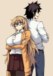  1boy 1girl :&lt; back-to-back beige_background black-framed_eyewear black_hair blonde_hair blue_eyes breasts brown_legwear brown_skirt cardigan commentary crossed_arms english_commentary fingernails furi2play! glasses height_difference id_card lanyard large_breasts margit_(furi2play) open_cardigan open_clothes peach_(momozen) pleated_skirt shirt skirt sweatdrop west_(furi2play) white_shirt 