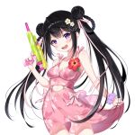  1girl bangs bare_shoulders black_hair blush breasts character_request cleavage collarbone copyright_request double_bun eyebrows_visible_through_hair floating_hair flower gun hair_flower hair_ornament hair_ribbon hand_up highres holding holding_clothes holding_gun holding_skirt holding_water_gun holding_weapon long_hair looking_at_viewer medium_breasts open_mouth pink_ribbon pulled_by_self purple_eyes red_flower rei_(kinokotype) ribbon simple_background skirt solo swimsuit swimwear twintails upper_teeth virtual_youtuber water_gun weapon white_background white_flower wristband 