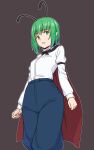  1girl antennae bangs black_background blue_pants cape cowboy_shot eyebrows_visible_through_hair green_eyes green_hair highres juliet_sleeves kakone long_sleeves looking_at_viewer open_mouth pants puffy_sleeves red_cape shirt short_hair simple_background solo standing touhou white_shirt wriggle_nightbug 