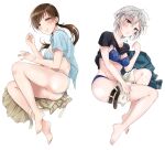  2girls anastasia_(idolmaster) ass bare_legs barefoot black_shirt blue_bra blue_eyes blue_panties blue_shirt bra breasts brown_eyes brown_hair commentary_request earrings fetal_position full_body gen_(enji) idolmaster idolmaster_cinderella_girls jewelry long_hair looking_at_viewer love_laika_(idolmaster) low_ponytail lying medium_breasts multiple_girls necklace nitta_minami on_side open_clothes open_shirt panties shirt shirt_lift short_hair shorts shorts_pull silver_hair skirt skirt_removed t-shirt underwear white_background 
