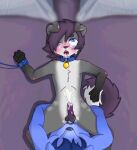  ahegao anthro blue_eyes bodily_fluids canid canine canis collar cum cum_on_face cumshot curled_tail cute_face domestic_dog duo ejaculation fur genital_fluids ghost_the_inkling grey_body grey_fur hair kiko_the_pup looking_pleasured low_res male male/male mammal purple_hair restrained tears trap_(disambiguation) 