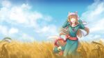  1girl absurdres animal_ears bird blue_dress blue_sky blush brown_hair closed_eyes cloud day dress facing_viewer field hands_up head_wreath highres holo kim_levesque long_hair long_sleeves outdoors petals pouch sky smile solo spice_and_wolf standing tail wallpaper watermark wheat wolf_ears wolf_tail 