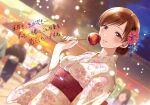  1girl blurry brown_hair candy_apple commentary_request dutch_angle festival flower food gen_(enji) glint hair_bun hair_flower hair_ornament idolmaster idolmaster_cinderella_girls japanese_clothes kimono looking_at_viewer nitta_minami obi sash short_hair solo_focus stall summer_festival tied_hair wide_sleeves yellow_eyes 