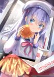  1girl :t beret blue_eyes blue_hair blue_sailor_collar blush bow closed_mouth commentary_request cup disposable_cup drinking_straw dutch_angle fast_food food food_on_face french_fries gochuumon_wa_usagi_desu_ka? hair_ornament hair_ribbon hamburger hat highres holding holding_food kafuu_chino long_hair long_sleeves looking_at_viewer mcdonald&#039;s natuna_natu one_side_up red_bow red_ribbon ribbon sailor_collar school_uniform serafuku shirt solo striped striped_bow upper_body very_long_hair wavy_mouth white_headwear white_shirt x_hair_ornament 