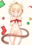  1girl :o ahoge andira_(granblue_fantasy) animal_ears bangs bed blonde_hair blush breasts brown_tail christmas erune eyebrows_visible_through_hair granblue_fantasy hairband highres kimblee looking_at_viewer lying monkey_ears monkey_tail naked_ribbon navel on_back on_bed parted_lips red_eyes ribbon short_hair small_breasts solo stomach tail tail_censor two_side_up 
