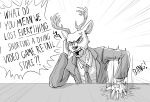  2021 angry anthro antlers beastars cellphone cervid clothed clothing cross-popping_vein dialogue dress_shirt english_text ffog furniture greyscale hi_res horn humor louis_(beastars) male mammal monochrome motion_lines necktie onomatopoeia open_mouth phone phone_call shirt simple_background sitting slap smartphone solo sound_effects suit table text topwear vein white_background yelling 