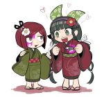  2girls :d alternate_costume bangs blood bloody_clothes blunt_bangs blush blush_stickers brown_eyes brown_hair chabashira_tenko chibi clenched_hands commentary danganronpa_(series) danganronpa_v3:_killing_harmony fake_blood flower full_body furukawa_(yomawari) green_kimono grey_eyes hair_flower hair_ornament hair_ribbon hands_up heart highres injury japanese_clothes kimono knife long_hair long_sleeves looking_at_another mole mole_under_mouth multiple_girls obi open_mouth pink_blood red_hair red_kimono ribbon sandals sash scissors shiny shiny_hair short_hair simple_background smile standing teeth white_background wide_sleeves yumeno_himiko 