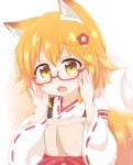  1girl animal_ears apron araki495 bangs bespectacled blonde_hair blush brown_apron brown_eyes commentary_request eyebrows_visible_through_hair fang flower fox_ears fox_girl fox_tail glasses hair_between_eyes hair_flower hair_ornament hands_up highres japanese_clothes kimono long_sleeves looking_at_viewer open_mouth red-framed_eyewear red_flower ribbon-trimmed_kimono ribbon-trimmed_sleeves ribbon_trim semi-rimless_eyewear senko_(sewayaki_kitsune_no_senko-san) sewayaki_kitsune_no_senko-san solo tail tail_raised under-rim_eyewear upper_body white_kimono wide_sleeves 
