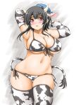  1girl akimoto_dai animal_ears animal_print arms_behind_head artist_name beret bikini black_hair blue_headwear breasts cleavage cow_ears cow_horns cow_print cow_tail dated elbow_gloves gloves hat highres horns kantai_collection large_breasts red_eyes short_hair side-tie_bikini solo swimsuit tail takao_(kantai_collection) thighhighs white_bikini white_gloves white_legwear 