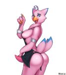  2021 anthro biyomon breasts butt digimon digimon_(species) erection feathers genitals gynomorph hi_res intersex kitchen_utensils ladle looking_at_viewer magnetus open_mouth open_smile penis pink_body pink_feathers side_boob smile solo tapering_penis tools 