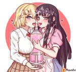  2girls apron artist_name bangs between_breasts blonde_hair blue_eyes blue_skirt blush breasts brown_skirt collared_shirt commentary commission cum cum_on_clothes cum_on_hair danganronpa_(series) danganronpa_2:_goodbye_despair facial hair_ornament heart highres holding hololive hololive_english large_breasts licking long_hair long_sleeves looking_at_viewer mole mole_under_eye monocle_hair_ornament moursho multiple_girls necktie nurse open_mouth oversized_object pink_shirt plaid plaid_skirt puffy_short_sleeves puffy_sleeves purple_eyes purple_hair red_neckwear shiny shiny_hair shirt shirt_tucked_in short_hair short_sleeves skirt tongue tongue_out tsumiki_mikan upper_teeth virtual_youtuber watson_amelia white_shirt 