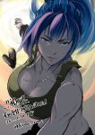  1girl blue_eyes blue_hair breasts cleavage clenched_hand commentary_request dog_tags green_sports_bra highres incoming_punch koda1ra large_breasts leona_heidern long_hair looking_at_viewer muscular muscular_female ponytail pov solo sports_bra the_king_of_fighters translation_request 