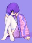  1girl ahoge bob_cut bra breasts cleavage closed_mouth clothes_pull crossed_legs eyes_visible_through_hair green_eyes highres jacket long_sleeves looking_at_viewer medium_hair open_clothes open_jacket original pink_jacket purple_background purple_bra purple_theme signature simple_background sitting sleeves_past_wrists small_breasts solo sparrowl sports_bra thighhighs thighhighs_pull underwear white_legwear 