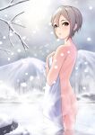  1girl :o absurdres ass bangs bare_arms bare_back bare_shoulders black_eyes breasts cloud cloudy_sky grey_hair hair_between_eyes highres idolmaster idolmaster_cinderella_girls in_water light_blush looking_back medium_breasts mountain naked_towel nude onsen open_mouth outdoors shiomi_shuuko sidelocks sky snow snowing solo steam t.r towel tree tree_branch water 