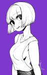  1girl bare_arms bob_cut breasts head_tilt highres looking_at_viewer medium_breasts monochrome original pants parted_lips purple_background purple_theme short_hair sideboob signature solo sparrowl upper_body 