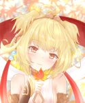  1girl :3 ahoge andira_(granblue_fantasy) animal_ears bangs bare_shoulders blonde_hair blurry blurry_background blush breasts closed_mouth detached_sleeves erune eyebrows_visible_through_hair granblue_fantasy hairband highres holding holding_leaf kimblee leaf looking_at_viewer monkey_ears red_eyes red_ribbon ribbon short_hair small_breasts smile solo two_side_up 
