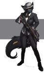  absurd_res anthro black_hair black_tie_(suit) canid canine clothing female gun hair hat headgear headwear hi_res mammal pgm300 ranged_weapon signature simple_background solo solo_focus suit weapon 