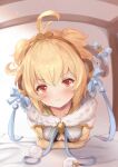  1girl absurdres ahoge andira_(granblue_fantasy) animal_ears bangs blonde_hair blue_ribbon blush breasts cleavage cleavage_cutout closed_eyes clothing_cutout erune eyebrows_visible_through_hair granblue_fantasy hair_ribbon hairband highres indoors kimblee looking_at_viewer monkey_ears monkey_tail pout red_eyes ribbon short_hair small_breasts solo tail two_side_up 