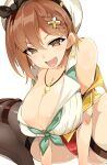  1girl atelier_(series) atelier_ryza atelier_ryza_2 braid breasts brown_eyes brown_hair cleavage earrings hair_ornament hairclip highres jewelry large_breasts looking_at_viewer naughty_face necklace oda_koziki open_mouth red_shorts reisalin_stout short_hair short_shorts shorts simple_background single_thighhigh smile solo spread_legs squatting thighhighs white_background white_headwear 