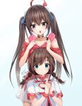  2girls ahoge bangs bare_shoulders behind_back black_choker blue_bow blue_eyes bow breasts brown_eyes brown_hair choker cleavage cleavage_cutout clothing_cutout collarbone eyebrows_visible_through_hair hair_between_eyes hair_bow hair_ornament hair_ribbon hands_up highres holding holding_ears kizuna_ai kizuna_ai_inc. long_hair looking_at_viewer multicolored_hair multiple_girls off_shoulder open_mouth pink_hair red_ribbon ribbon shinka_musume shinka_musume_channel short_sleeves simple_background skirt small_breasts smile twintails upper_teeth white_background xila_qian_tang_shi 