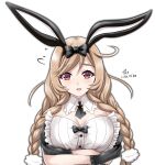  1girl animal_ears artist_name black_gloves blush braid breasts brown_eyes bunny_ears buttons dated detached_collar fake_animal_ears flying_sweatdrops gloves highres kantai_collection large_breasts leotard light_brown_hair long_hair minegumo_(kantai_collection) open_mouth signature simple_background solo tk8d32 twin_braids upper_body white_background white_leotard 