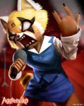  5_fingers aggressive_retsuko ailurid anthro biped breasts brown_body brown_fur clothed clothing colored_nails digital_media_(artwork) dress english_text eyeshadow female fingers fur hi_res holding_object inside makeup mammal microphone nails open_mouth red_panda retsuko sanrio sharp_teeth solo standing teeth text topwear venjiiart white_body white_eyes white_fur yellow_body yellow_fur 