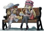  0_0 2girls absurdres bench blonde_hair bracelet braid case-k closed_mouth collared_dress commentary_request cosplay costume_switch dress eyelashes eyewear_on_headwear fennekin gen_6_pokemon grass green_eyes hat highres holding holding_poke_ball jewelry knees_together light_brown_hair lillie_(pokemon) long_hair multiple_girls one_eye_closed parted_lips pigeon-toed pink_headwear pleated_skirt poke_ball poke_ball_(basic) pokemon pokemon_(creature) pokemon_(game) pokemon_sm pokemon_xy red_skirt serena_(pokemon) shirt shoes sitting skirt sleeveless sleeveless_dress sleeveless_shirt smile socks starter_pokemon sun_hat sunglasses sweatdrop thighhighs twin_braids 
