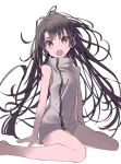  1girl :o ahoge bangs bare_arms bare_legs black_hair breasts c-ms_(girls_frontline) dress fang girls_frontline long_hair looking_at_viewer medium_breasts messy_hair mole mole_under_eye red_eyes sitting solo tetuw turtleneck wariza white_dress zipper 