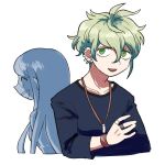  1boy :d amami_rantarou bangs bracelet collarbone cropped_torso danganronpa_(series) danganronpa_v3:_killing_harmony ear_piercing earrings furukawa_(yomawari) green_eyes green_hair hair_between_eyes highres jewelry long_sleeves looking_at_viewer messy_hair necklace open_mouth piercing ring shirogane_tsumugi shirt short_hair simple_background smile solo_focus striped striped_shirt upper_body white_background 