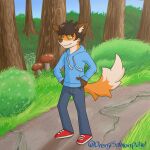  1:1 anthro canid canine clothed clothing conditional_dnp fox fungus grass hi_res hoodie male mammal mushroom orenji_salmonpaw plant red_fox smile solo topwear tree villalobossand1 