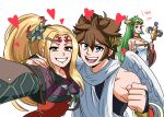  1boy 2girls blonde_hair brown_hair chiton dress flower green_eyes grey_hair jewelry jiangshi_costume kid_icarus kid_icarus_uprising long_hair looking_at_viewer multiple_girls nachure palutena pit_(kid_icarus) smile staff tiara tina_fate v wings 