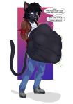  abdominal_bulge absurd_res after_vore anthro belly big_belly clothed clothing dialogue domestic_cat duo english_text felid feline felis foxynoms hi_res male mammal oral_vore same_size_vore speech_bubble text vore 