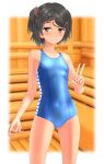  1girl absurdres arena_(company) black_eyes black_hair blue_swimsuit blurry braid competition_swimsuit cowboy_shot depth_of_field flat_chest highres kantai_collection logo looking_at_viewer one-piece_swimsuit parted_lips sauna scirocco_(kantai_collection) short_hair solo standing swimsuit takafumi tan two_side_up v 