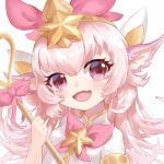  1girl alternate_color animal_ears fang headpiece holding holding_staff league_of_legends long_hair looking_at_viewer lulu_(league_of_legends) magical_girl natsuichi-sama open_mouth pink_eyes pink_hair skin_fang smile staff star_(symbol) star_guardian_(league_of_legends) star_guardian_lulu tiara upper_body yordle 