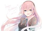  1girl :d bangs black_dress black_hairband blue_eyes blue_ribbon commentary_request dated dress eyebrows_visible_through_hair floating_hair fur-trimmed_dress fur_trim hair_between_eyes hairband happy_birthday heart kuroi_(liar-player) long_hair looking_at_viewer megurine_luka neck_ribbon open_mouth pink_hair ribbon simple_background smile solo twitter_username very_long_hair vocaloid white_background 