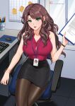  1girl alternate_costume alternate_universe breasts brown_hair chair chungmechanic clipboard desk dorothea_arnault earrings fire_emblem fire_emblem:_three_houses green_eyes highres id_card jewelry keyboard large_breasts long_hair looking_at_viewer mouse_(computer) office_lady open_mouth pantyhose pencil_skirt red_shirt shirt skirt sleeveless sleeveless_shirt tagme taut_clothes taut_shirt 