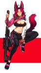  absurd_res big_breasts breasts eyewear female glasses gun hair hi_res human humanoid mammal midriff pgm300 ranged_weapon red_eyes red_hair rifle round_glasses signature simple_background sniper_rifle solo weapon 