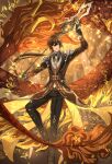  1boy bangs black_gloves black_hair brown_hair closed_mouth collar dragon dragon_horns earrings eastern_dragon formal genshin_impact gloves hair_between_eyes highres holding holding_polearm holding_spear holding_weapon horns jacket jewelry kurosaki_sasori long_hair long_pants long_sleeves looking_at_viewer male_focus multicolored_hair necktie pants polearm ponytail rex_lapis_(genshin_impact) single_earring solo sparkle spear suit watermark weapon yellow_eyes zhongli_(genshin_impact) 