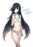  1girl absurdres bikini black_hair breasts brown_eyes choker commentary_request cowboy_shot dated gradient_hair hair_over_one_eye hair_ribbon hayashimo_(kantai_collection) highres kantai_collection long_hair looking_at_viewer multicolored_hair ribbon signature simple_background small_breasts solo standing swimsuit tsutsusaku_poyoyo very_long_hair white_background white_bikini white_ribbon 
