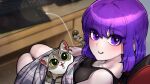  1girl blush cat chair desk drawing_tablet from_above gaming_chair highres keyboard_(computer) looking_at_viewer office_chair on_chair original parted_lips purple_eyes purple_hair sitting smile solo sparrowl tank_top 