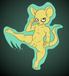  action_pose anthro aura balls darkajugin dragon_ball dragon_ball_super flaccid foreskin fur genitals kick looking_at_viewer male mammal mouse murid murine nude penis phimosis pose quitela rodent simple_background solo yellow_body yellow_fur 