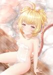  1girl ahoge andira_(granblue_fantasy) animal_ears bangs bath blonde_hair blush breasts brown_eyes closed_mouth collarbone covered_navel covered_nipples erune eyebrows_visible_through_hair granblue_fantasy highres kimblee looking_at_viewer monkey_ears monkey_tail naked_towel no_hairband short_hair sitting small_breasts smile solo tail towel two_side_up water wet 