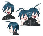  1boy :d ^^^ ahoge bangs blush closed_eyes danganronpa_(series) danganronpa_v3:_killing_harmony double-breasted embarrassed expressions flying_sweatdrops furukawa_(yomawari) gakuran green_hair male_focus multiple_views open_mouth saihara_shuuichi school_uniform scratching_cheek shiny shiny_hair simple_background smile striped_jacket sweat upper_body upper_teeth white_background 