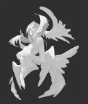  1girl breasts closed_mouth completely_nude covering covering_breasts cropped_torso grey_background greyscale head_wings large_breasts looking_at_viewer medium_hair monochrome multiple_wings navel nude original ryota-h seraph simple_background solo wings 