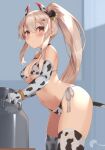  1girl animal_ears animal_print ayanami_(azur_lane) azur_lane bikini blonde_hair bracelet brown_eyes commentary_request cow_ears cow_horns cow_print cow_tail ear_tag elbow_gloves fake_animal_ears fujieda_uzuki gloves highres horns jewelry long_hair looking_at_viewer ponytail side-tie_bikini standing swimsuit tail thighhighs white_bikini white_gloves white_legwear 