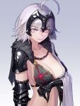  1girl absurdres ahoge armor bangs bra breasts chain collarbone eyebrows_visible_through_hair fate/grand_order fate_(series) fur_trim gauntlets headpiece highres jeanne_d&#039;arc_(alter)_(fate) jeanne_d&#039;arc_(fate)_(all) looking_at_viewer mac_star short_hair silver_eyes silver_hair simple_background solo underwear 