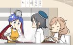  3girls alternate_costume alternate_hair_length alternate_hairstyle apron beret black_hair blue_hair blue_headwear braid closed_eyes commentary_request cooking dated fork hamu_koutarou hat headgear highres holding holding_knife hotplate kantai_collection knife light_brown_hair long_hair low_ponytail minegumo_(kantai_collection) multicolored_hair multiple_girls red_eyes red_hair short_hair south_dakota_(kantai_collection) star_(symbol) sweater table_knife takao_(kantai_collection) twin_braids upper_body white_hair white_sweater yellow_apron 