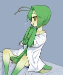  1girl antennae bare_shoulders bed between_legs black_eyes blue_panties blush bob_cut brown_sclera colored_sclera colored_skin extra_arms flying_sweatdrops from_side gradient_skin green_hair green_skin grey_background hand_between_legs highres inverted_bob mantis-chan_(sparrowl) mantis_girl monster_girl off_shoulder on_bed original panties profile sharp_teeth shirt short_hair short_sleeves simple_background sitting smile solo sparrowl tail teeth underwear white_shirt yellow_skin 