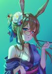 1girl :o amiya_(arknights) animal_ears arknights bangs bare_shoulders blue_background blue_eyes blue_ribbon blush breasts brown_hair bunny_ears carrot choker cleavage collarbone dddsunsky eyebrows_visible_through_hair flower glasses gradient gradient_background green_background hair_between_eyes hair_flower hair_ornament hair_over_breasts hair_ribbon highres holding japanese_clothes jewelry kimono larten_crepsley long_hair looking_at_viewer open_clothes parted_lips ribbon ring saliva saliva_trail sidelocks solo 